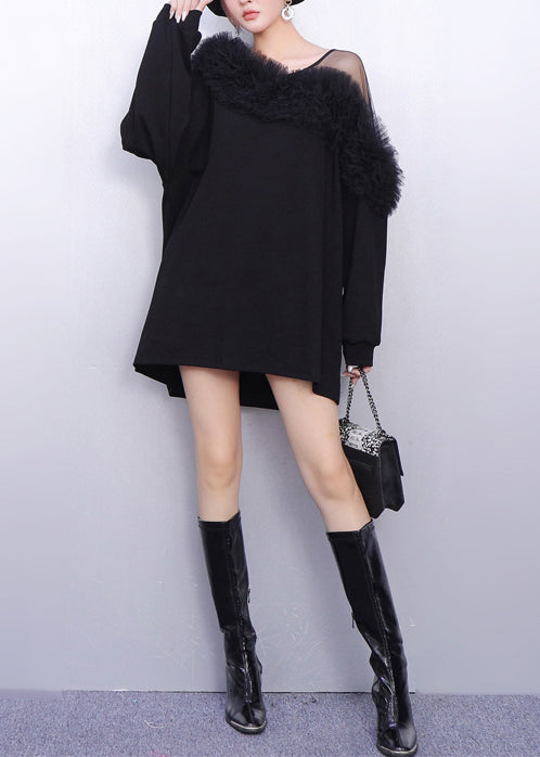 French Black One Shoulder Patchwork Cotton Mini Dress Spring