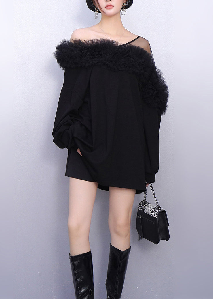 French Black One Shoulder Patchwork Cotton Mini Dress Spring