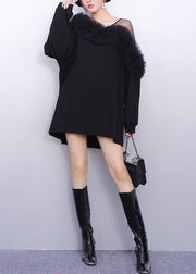 French Black One Shoulder Patchwork Cotton Mini Dress Spring