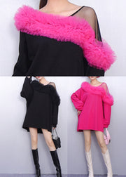 French Black One Shoulder Patchwork Cotton Mini Dress Spring