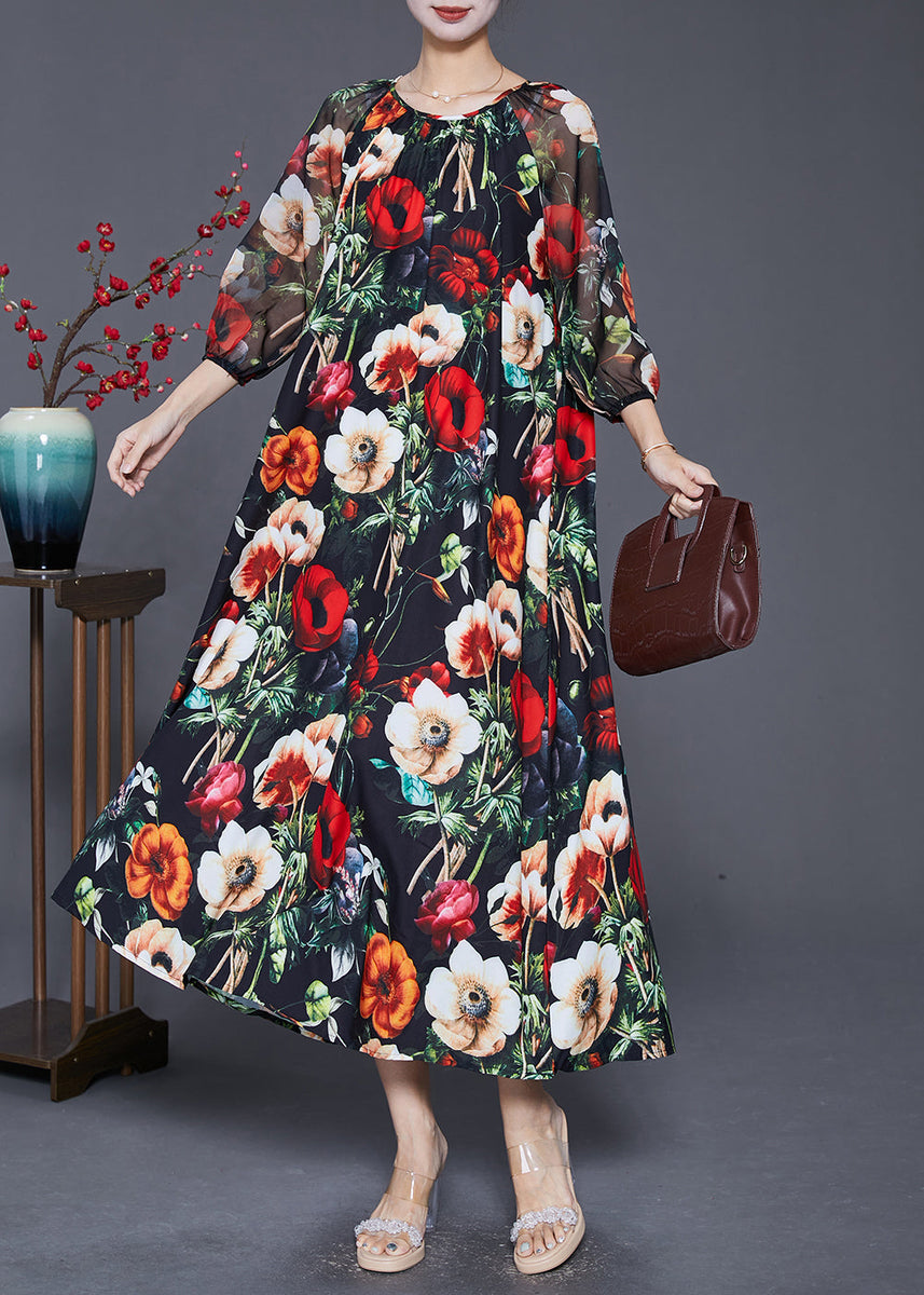 French Black Oversized Floral Print Draping Chiffon Dresses Summer ...