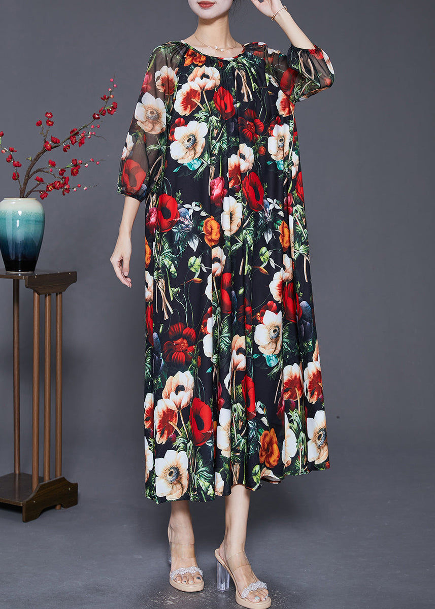 French Black Oversized Floral Print Draping Chiffon Dresses Summer ...