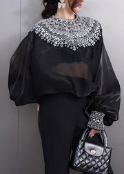French Black Oversized Ice Silk Shirt Top Batwing Sleeve