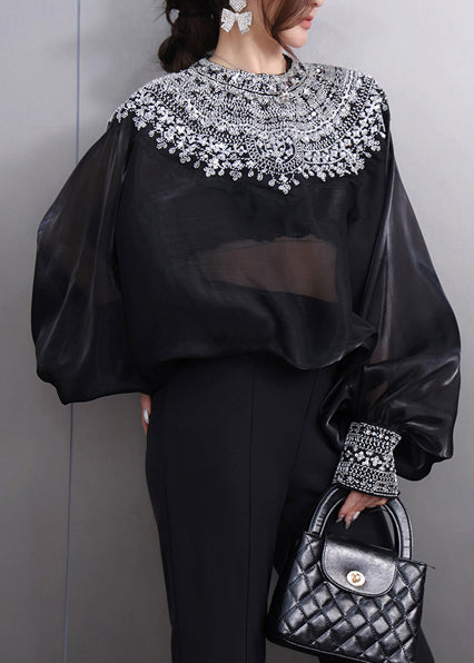 French Black Oversized Ice Silk Shirt Top Batwing Sleeve
