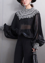 French Black Oversized Ice Silk Shirt Top Batwing Sleeve