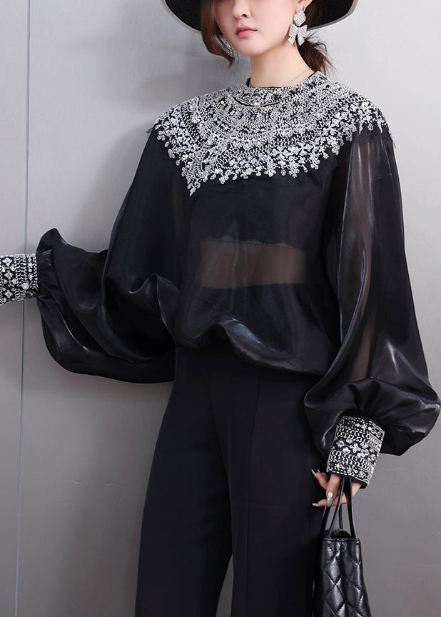 French Black Oversized Ice Silk Shirt Top Batwing Sleeve