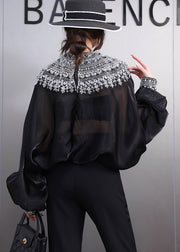 French Black Oversized Ice Silk Shirt Top Batwing Sleeve