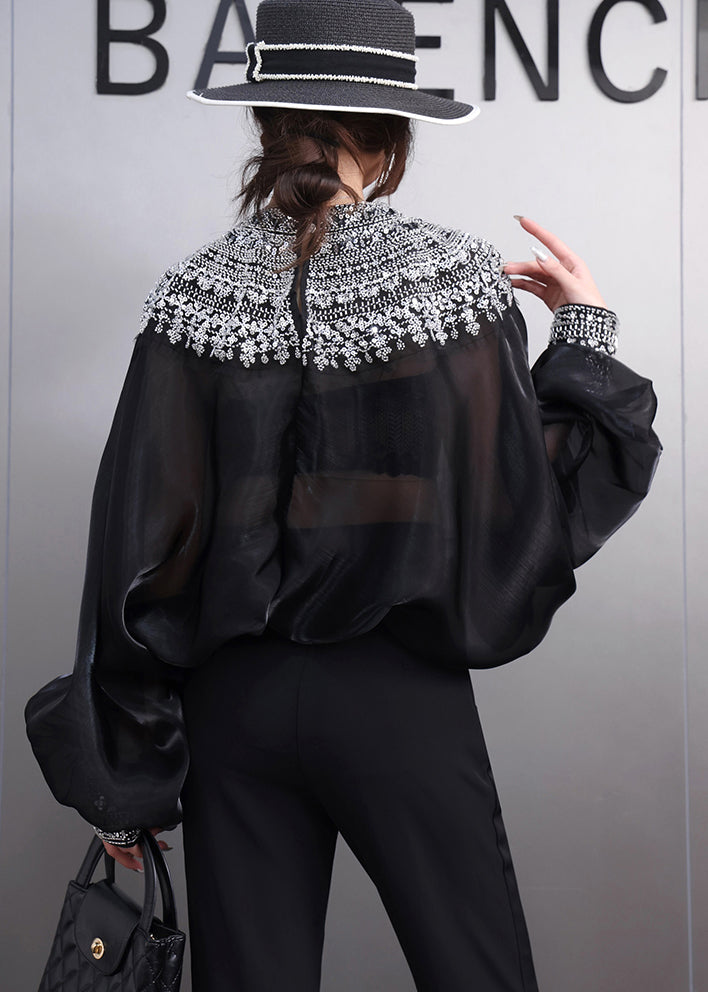 French Black Oversized Ice Silk Shirt Top Batwing Sleeve