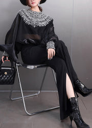 French Black Oversized Ice Silk Shirt Top Batwing Sleeve