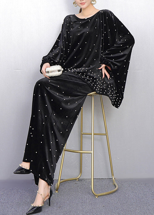 French Black Oversized Nail Bead Silk Velvet Two Piece Set Spring