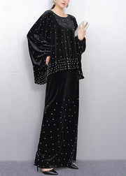 French Black Oversized Nail Bead Silk Velvet Two Piece Set Spring