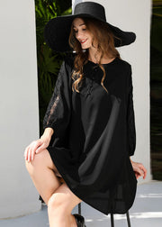 French Black Oversized Patchwork Lace Chiffon Dresses Bracelet Sleeve