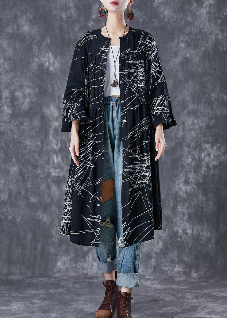 French Black Oversized Print Wrinkled Maxi Dresses Butterfly Sleeve