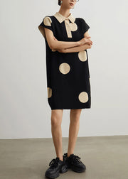French Black Peter Pan Collar Button Dot Knit Mid Dress Summer