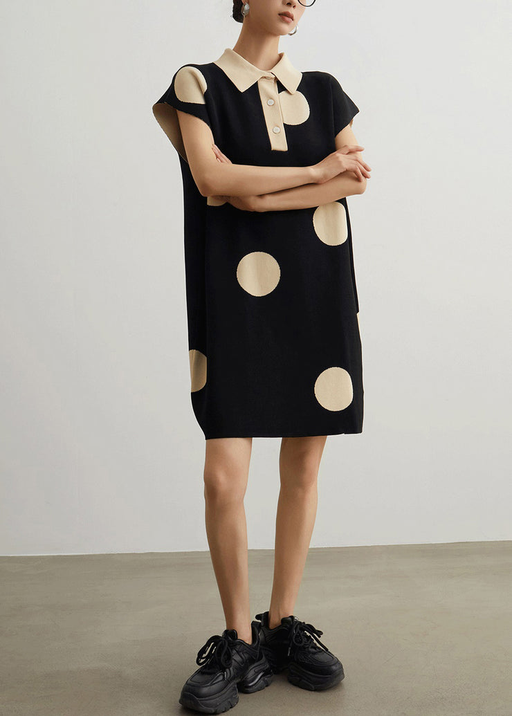 French Black Peter Pan Collar Button Dot Knit Mid Dress Summer