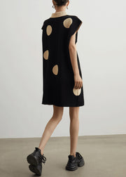 French Black Peter Pan Collar Button Dot Knit Mid Dress Summer