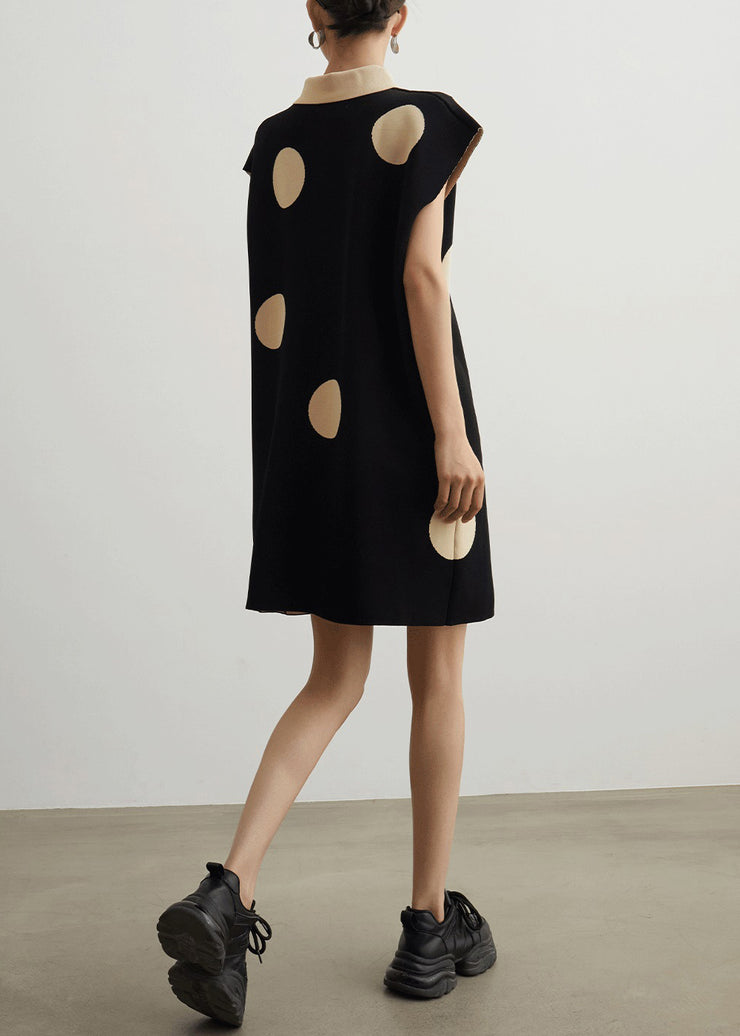 French Black Peter Pan Collar Button Dot Knit Mid Dress Summer