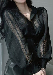 French Black Peter Pan Collar Lace Cotton Blouses Fall