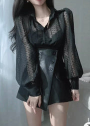 French Black Peter Pan Collar Lace Cotton Blouses Fall