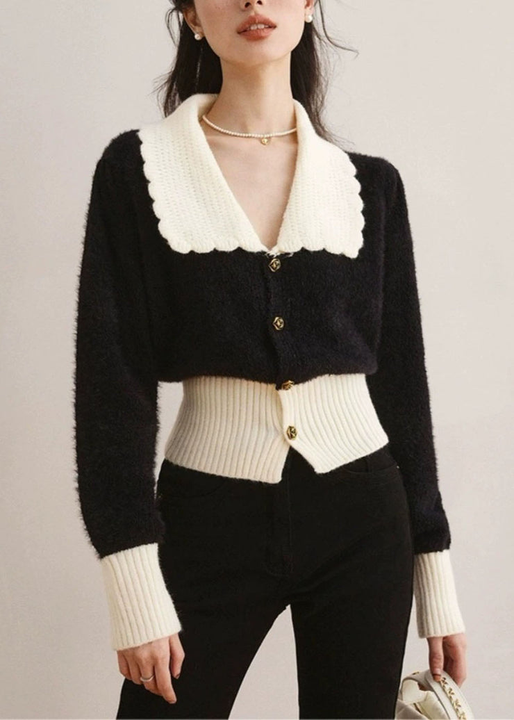 French Black Peter Pan Collar Patchwork Knit Cardigan Fall