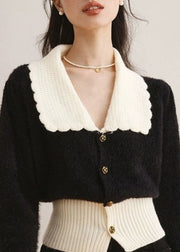 French Black Peter Pan Collar Patchwork Knit Cardigan Fall