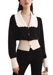 French Black Peter Pan Collar Patchwork Knit Cardigan Fall