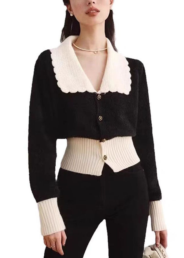 French Black Peter Pan Collar Patchwork Knit Cardigan Fall