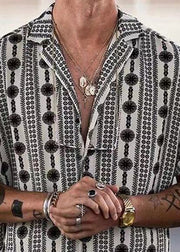 French Black Peter Pan Collar Print Cotton Shirt Men Summer