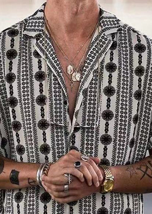 French Black Peter Pan Collar Print Cotton Shirt Men Summer