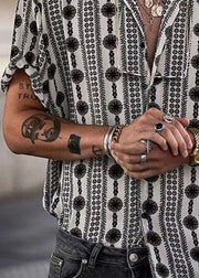 French Black Peter Pan Collar Print Cotton Shirt Men Summer