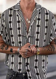French Black Peter Pan Collar Print Cotton Shirt Men Summer