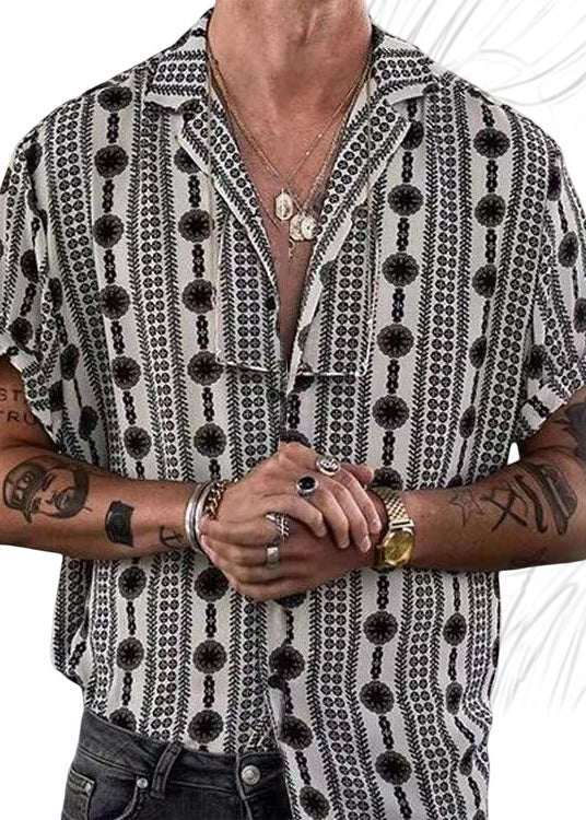 French Black Peter Pan Collar Print Cotton Shirt Men Summer