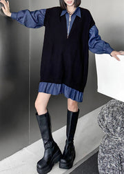 French Black Peter Pan Collar Zippered Denim Patchwork Mid Dresses Fall