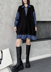 French Black Peter Pan Collar Zippered Denim Patchwork Mid Dresses Fall