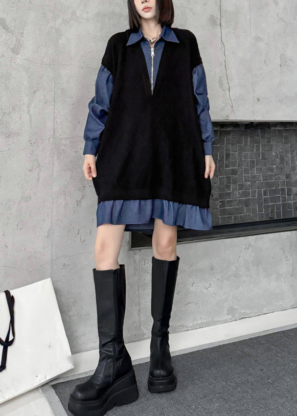 French Black Peter Pan Collar Zippered Denim Patchwork Mid Dresses Fall