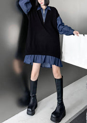 French Black Peter Pan Collar Zippered Denim Patchwork Mid Dresses Fall