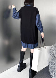 French Black Peter Pan Collar Zippered Denim Patchwork Mid Dresses Fall