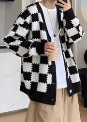 French Black Plaid Button Knit Mens Coats Spring