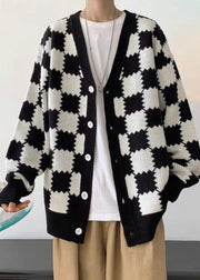 French Black Plaid Button Knit Mens Coats Spring