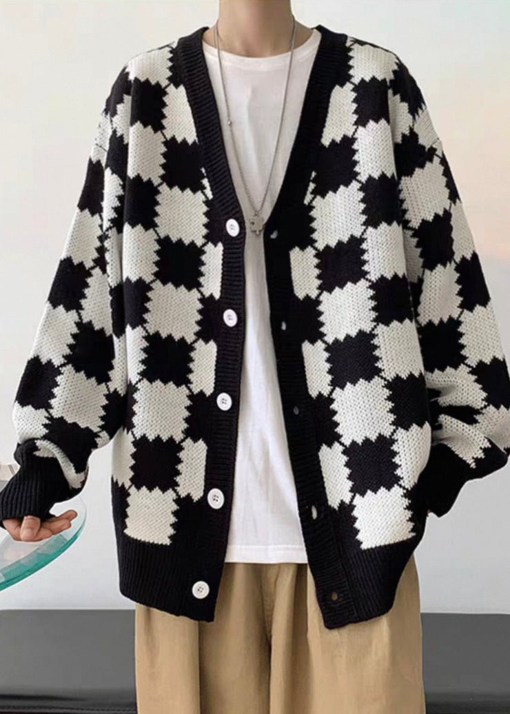 French Black Plaid Button Knit Mens Coats Spring