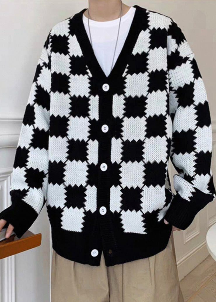 French Black Plaid Button Knit Mens Coats Spring