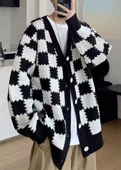 French Black Plaid Button Knit Mens Coats Spring
