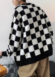 French Black Plaid Button Knit Mens Coats Spring