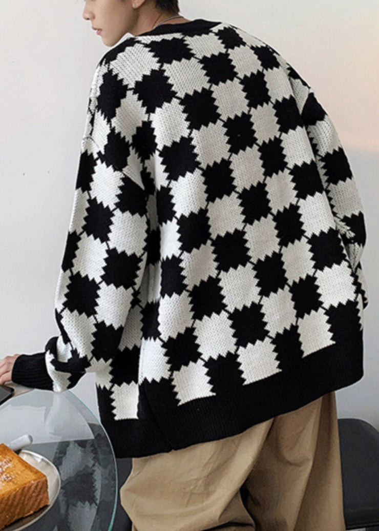 French Black Plaid Button Knit Mens Coats Spring