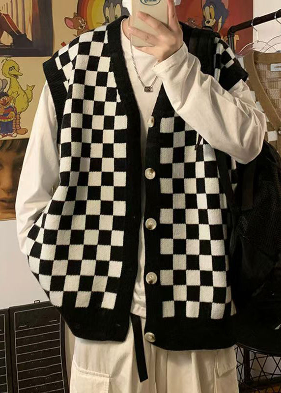 French Black Plaid Button Knit Mens Waistcoat Sleeveless