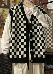 French Black Plaid Button Knit Mens Waistcoat Sleeveless