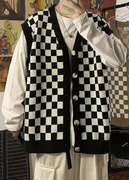 French Black Plaid Button Knit Mens Waistcoat Sleeveless