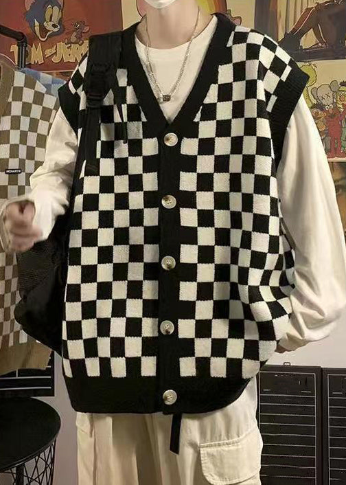 French Black Plaid Button Knit Mens Waistcoat Sleeveless