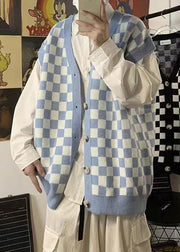 French Black Plaid Button Knit Mens Waistcoat Sleeveless