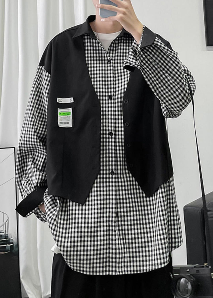 French Black Plaid False Two Pieces Patchwork Cotton Men Shirts Spring